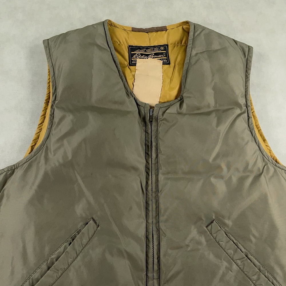 Vintage 1960s Eddie Bauer Goose Down Vest Olive Green Talon Zipper Gusset - Picture 3 of 14